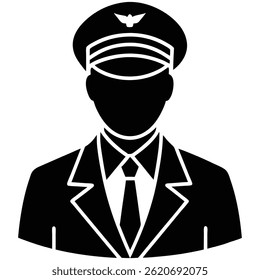 A black silhouette of a pilot in uniform, wearing a cap, conveying a sense of authority and professionalism
