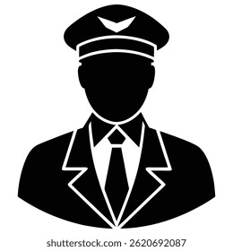 A black silhouette of a pilot in uniform, wearing a cap, conveying a sense of authority and professionalism