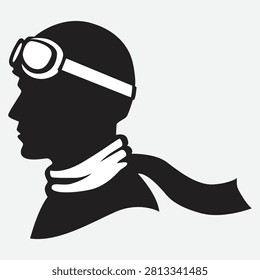 Black silhouette of a pilot wearing goggles. Vector illustration of aviator with scarf.