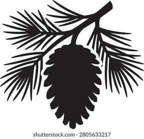 Black silhouette of a pine cone hanging from a coniferous tree branch with needles, isolated on a white background