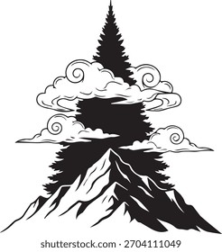 Silueta negra de un árbol de pino en la cima de montañas irregulares con nubes arremolinadas en blanco y negro