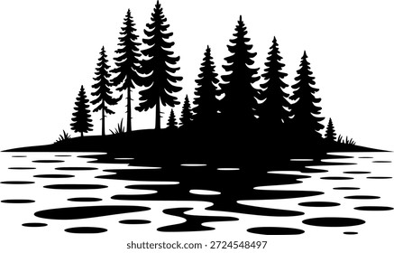 Silhueta Preta da Ilha da Floresta de Pinho Árvore no Fundo da Água do Lago Calmo Natureza Wilderness Paisagem Paisagem Vetor