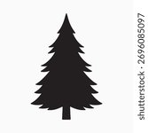 Black silhouette of a pine tree on white background. Simple and symmetrical design ideal for nature, forest, winter, or holiday-themed projects.