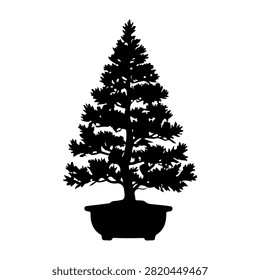 Black silhouette of a pine tree in a pot, suitable for decorative, botanical, or nature-themed projects and designs.