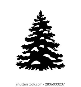 Black silhouette of a pine tree with snow-covered branches on a white background, emphasizing winter nature and evergreen forest themes.