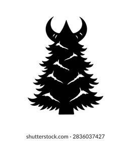 Black silhouette of a pine tree with snow-covered branches, festive and wintery holiday decoration, isolated on white background.