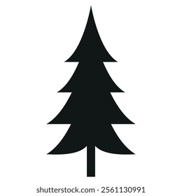 Black silhouette of a pine tree with a straight trunk and three distinct layers of branches. The tree has a triangular shape and represents nature, forests, or the holiday season.