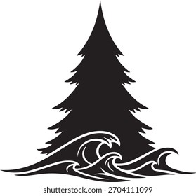 Black silhouette of a pine tree with stylized waves at its base on a white background evergreen conifer