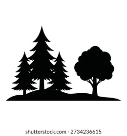 Black silhouette of pine trees and a deciduous tree on a white background evergreen