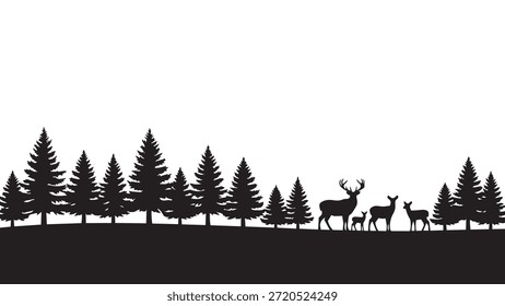 Schwarze Silhouette von Kiefern und Hirschen in einer natürlichen Waldszene, die die Tierwelt und Waldlandschaft betont.