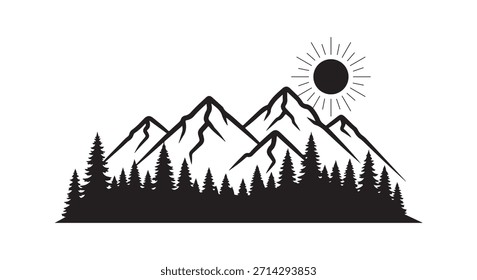 Black silhouette of pine trees and mountains under a sun