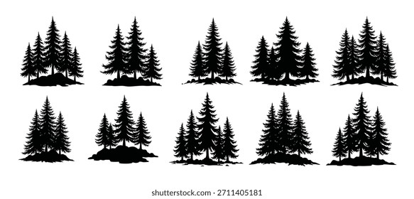 Schwarze Silhouettenkiefern auf weißem Hintergrund Wald