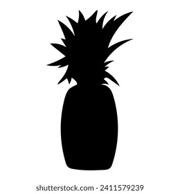 Black silhouette of pineapple. Ananas shape. Tropical summer fruit on a white background. Vegan food. Leaves. Isolated object. Black and white image. Vector illustration.