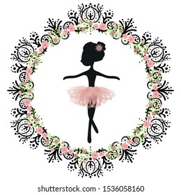 Black silhouette and pink tutu little cute ballerina princess of the ballet. Decorative circle black frame with flowers. Can be used as logo.