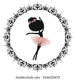 Black silhouette and pink tutu little cute ballerina princess of the ballet. Decorative circle black frame. Can be used as logo.