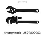 Black silhouette of pipe wrench on white background. vector logo