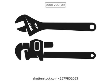 Black silhouette of pipe wrench on white background. vector logo