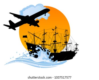 Black silhouette of the pirate ship and airplane