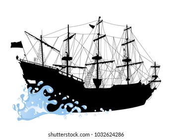 Black silhouette of the pirate ship isolated on white background