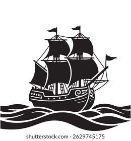 Black Silhouette of a Pirate Ship on Waves