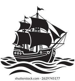 Black Silhouette of a Pirate Ship on Waves