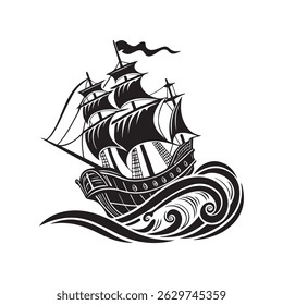 Black Silhouette of a Pirate Ship on Waves