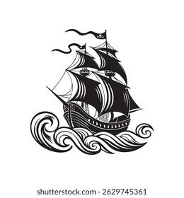 Black Silhouette of a Pirate Ship on Waves