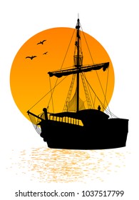 Black silhouette of the pirate ship with wave and sun