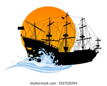 Black silhouette of the pirate ship with wave and sun