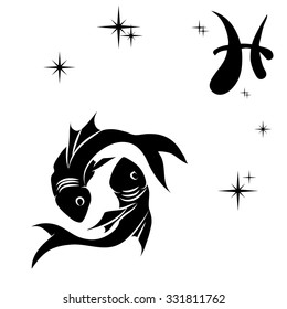 Black silhouette of  pisces are on  white background. Vector illustration