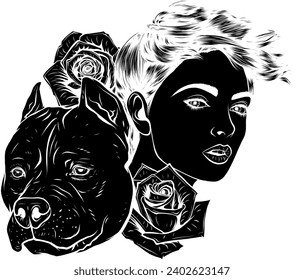 black silhouette of Pitbull Dog Face with head woman and Rose Flower