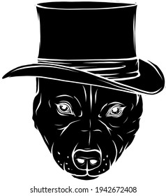 black silhouette of pitbull dog with hat vector illustration design