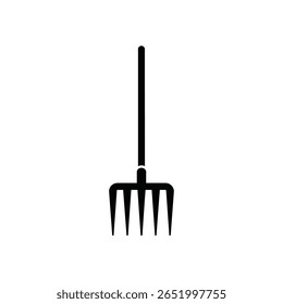 A black silhouette of a pitchfork is centrally positioned against a white background The image is a simple vector graphic with a minimalist style.