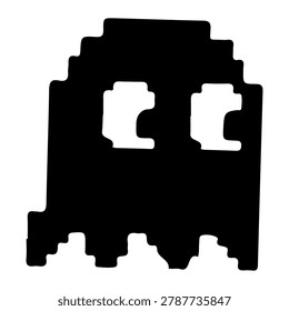 A black silhouette of a pixelated ghost, reminiscent of characters from classic arcade games like Pac-Man.