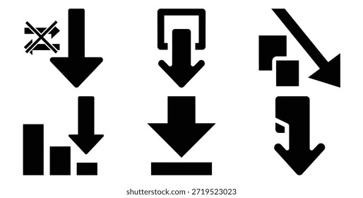 Eine schwarze Silhouette eines Plan-Downgrade-Pfeilsymbolsatzes. Einfaches grafisches Element.