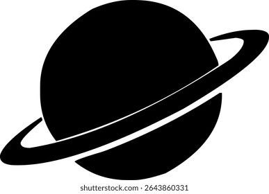 Silhueta preta de um planeta com um sistema de anéis, provavelmente Saturno, em um estilo gráfico simples e sólido.