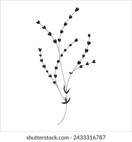 Black silhouette of a plant branch. Flower branch in outline style hand drawn on isolated white background. Vector stock illustration. Tropical leaves. Minimal line art for print, cover or tattoo. 
