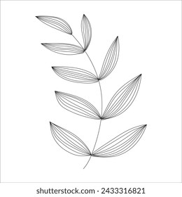 Black silhouette of a plant branch. Flower branch in outline style hand drawn on isolated white background. Vector stock illustration. Minimal line art for print, cover or tattoo.