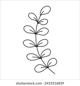 Black silhouette of a plant branch. Flower branch in outline style hand drawn on isolated white background. Vector stock illustration. Minimal line art for print, cover or tattoo.