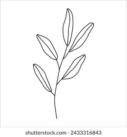 Black silhouette of a plant branch. Flower branch in outline style hand drawn on isolated white background. Vector stock illustration. Minimal line art for print, cover or tattoo.