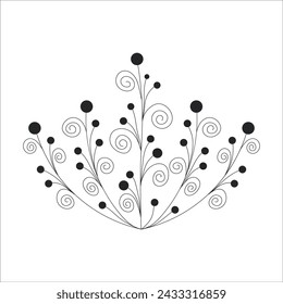 Black silhouette of a plant branch. Flower branch in outline style hand drawn on isolated white background. Vector stock illustration. Tropical leaves. Minimal line art for print, cover or tattoo. 