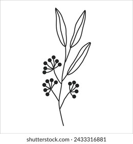 Black silhouette of a plant branch. Flower branch in outline style hand drawn on isolated white background. Vector stock illustration. Minimal line art for print, cover or tattoo.