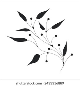 Black silhouette of a plant branch. Flower branch in outline style hand drawn on isolated white background. Vector stock illustration. Tropical leaves. Minimal line art for print, cover or tattoo. 