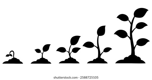 Black silhouette of a plant growing from a seed. Ideal for nature blogs, gardening websites, educational materials, or environmental presentations.