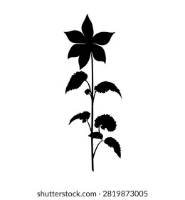 A black silhouette of a plant with multiple leaves and branches, isolated on a white background, showcasing natural botanical structure.