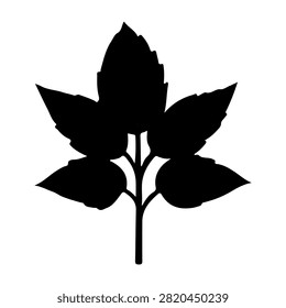 Black silhouette of a plant with several broad leaves, isolated on a white background, emphasizing natural growth and botanical elements.
