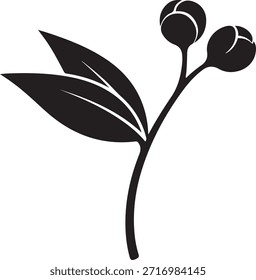 Silueta negra de un tallo de planta con dos brotes y dos hojas sobre una hoja de fondo blanco