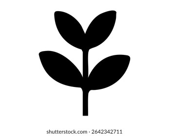 Black silhouette of a plant with three leaves isolated on white background, illustration. concept of seedling, sapling, nature, growth, botanical element, eco-friendly design, minimalistic icon.