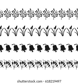 Black silhouette of plants, decorative border of flowers and leaves. Illustration for decorating, design.