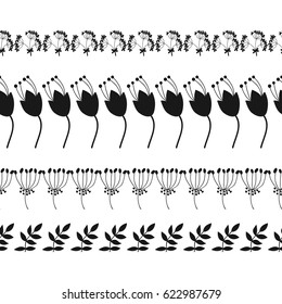 Black silhouette of plants, decorative border of flowers and leaves. Illustration for decorating, design.
